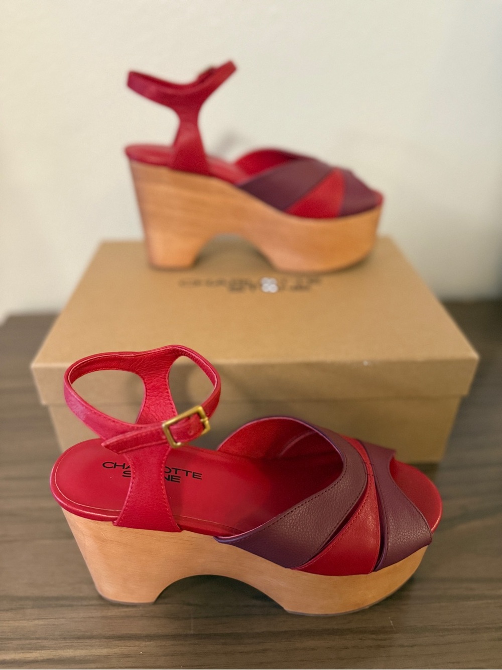 Charlotte Stone Two-Tone Red & Burgundy Platform Wedge Sandals - Picture 12 of 12